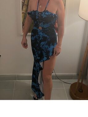 Sisterparty Blue Floral Halter High-Slit Women's Dress